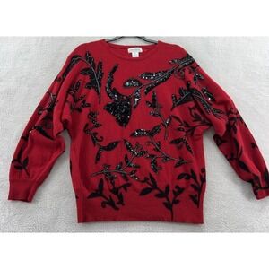 VTG Eminent Sweater Women's Medium Red Lambswool Black Sequined Floral Vine